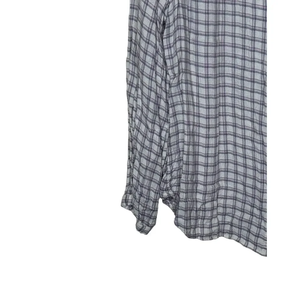 Talbots Women's Top‎ Ruffle Neck Plaid Rayon Button Long Sleeve Pink/Gray Large